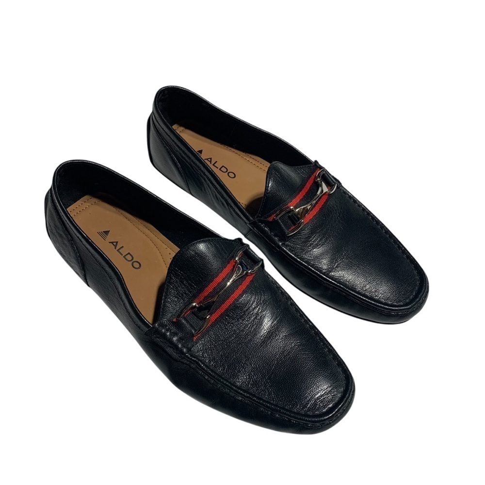 Aldo Black Leather Loafers with Red Accents